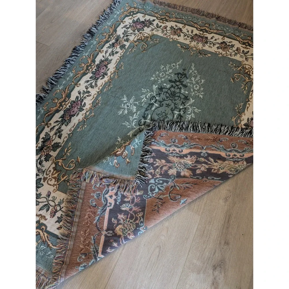 Vintage Woven Tapestry Throw Blanket Floral Damask Sage Green Fringe Grannycore